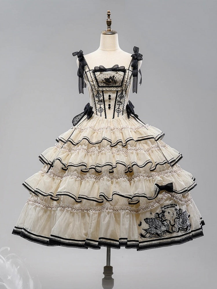 Swan-Embroidered Ruffled JSK Dress in Beige & Black - U.Rtto