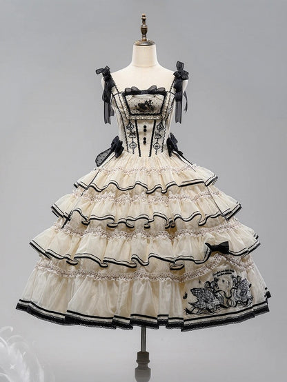Swan-Embroidered Ruffled JSK Dress in Beige & Black - U.Rtto