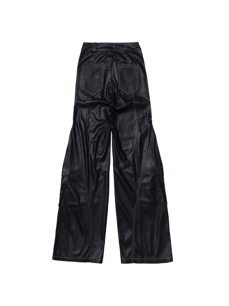 Black PU Punk Cargo Pants With Adjustable Metal Straps