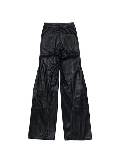 Black PU Punk Cargo Pants With Adjustable Metal Straps