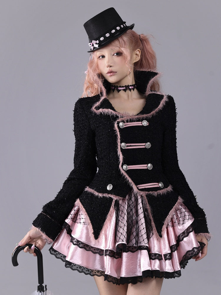 Hime Gyaru Black & Pink Tweed Double-Breasted Blazer