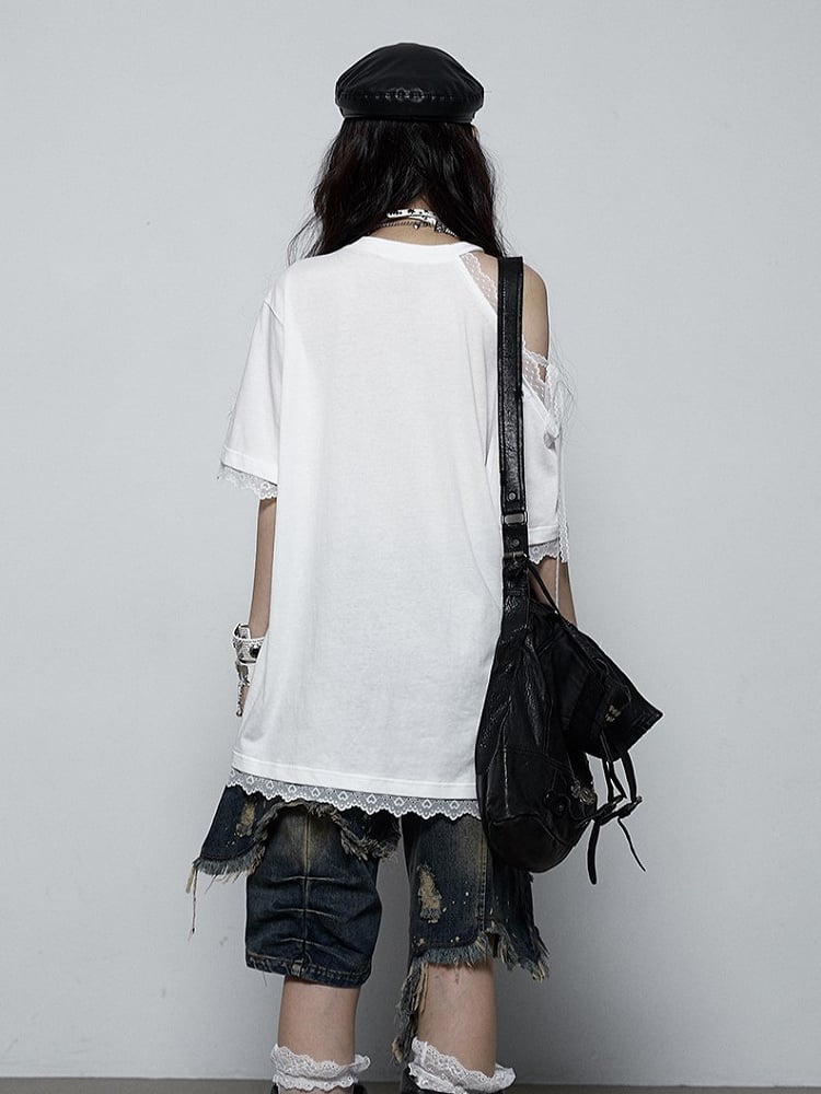 Lace-Trimmed Shoulder with Print Black Denim Lace-Up T-shirt Punk Detail White