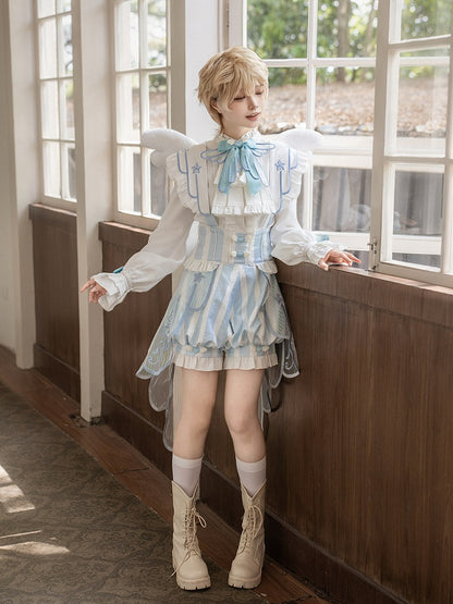 White & Blue Star Moon Embroidery Striped Lolita Suspender Bloomer Shorts with Angel Wing Train - Unknown Star