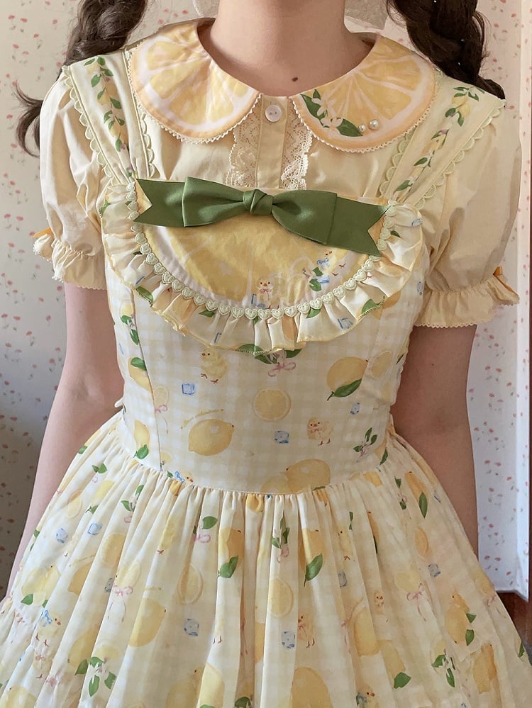 襟付きショート丈イエローレモンパンシャツ ピータープリントスリーブ