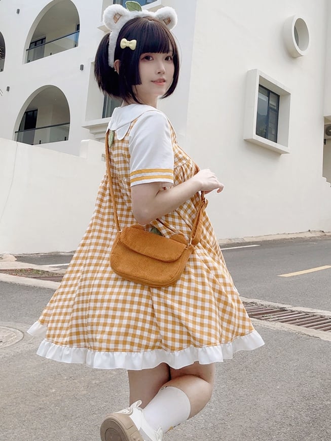 かわいいテディベアの耳付きオレンジコーデュロイクロスボディ