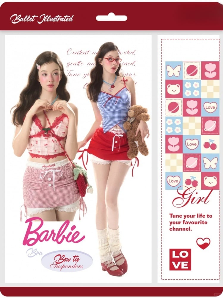 Cami-Top mit Spitzenbesatz und Kirschmuster in Rot und Rosa