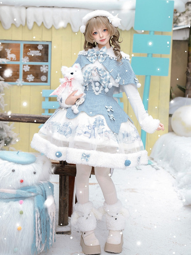 Print Winter Sweet Top Blue Lolita White Cape Snowman Set Knitted + - Tweed JSK