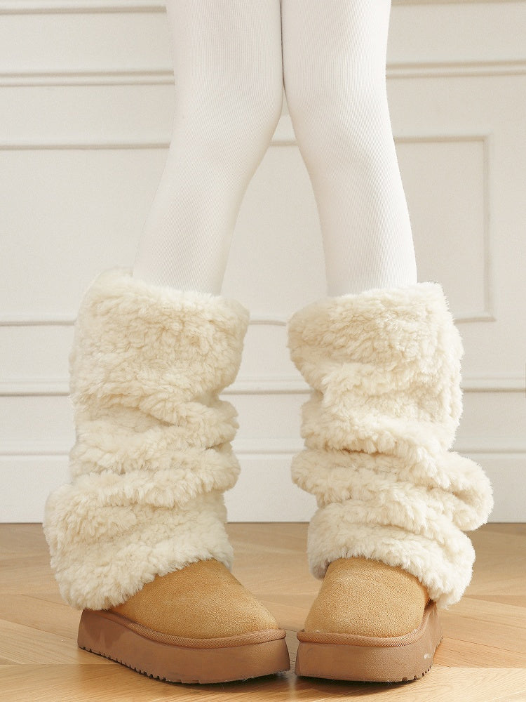 Warm Long/Short Fleece Version Warmers Leg Beige/Brown