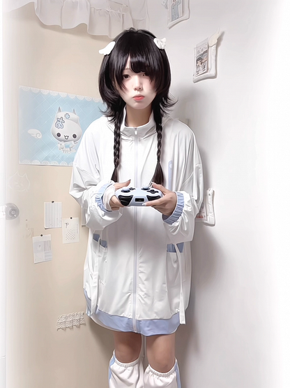 Hooded Full-Zip with - Blue Tenshi Jacket Banded Front Protection Kaiwai Sun Light Collar