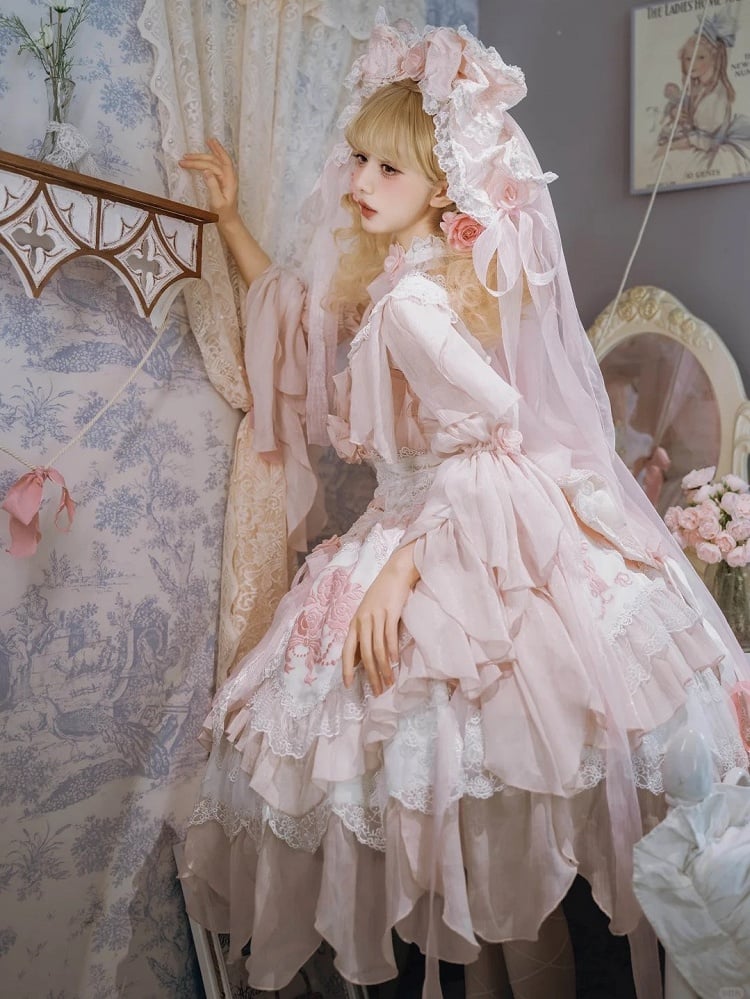 Version JSK Dress Hanayome Lolita Accents Pink with Light Short Flowing Ruffles Rose Layered