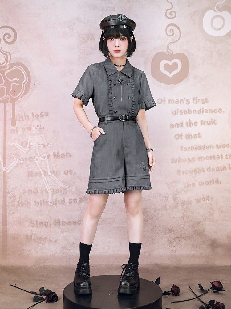 Gray Double-Breasted Short Sleeve Top with Embroidery & Ruffles - Quirky Hut