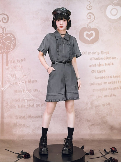 Gray Double-Breasted Short Sleeve Top with Embroidery & Ruffles - Quirky Hut