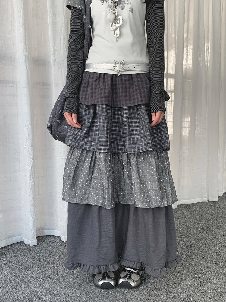 Dark Gray Plaid and Polka Dot Layered Ruffle Skirt - Solkatt