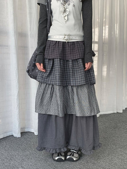 Dark Gray Plaid and Polka Dot Layered Ruffle Skirt - Solkatt