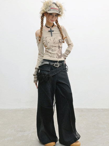 Camel Cuffs Striped Asymmetrical Girl Top Long Print - Sleeve Letter Neckline Cartoon with