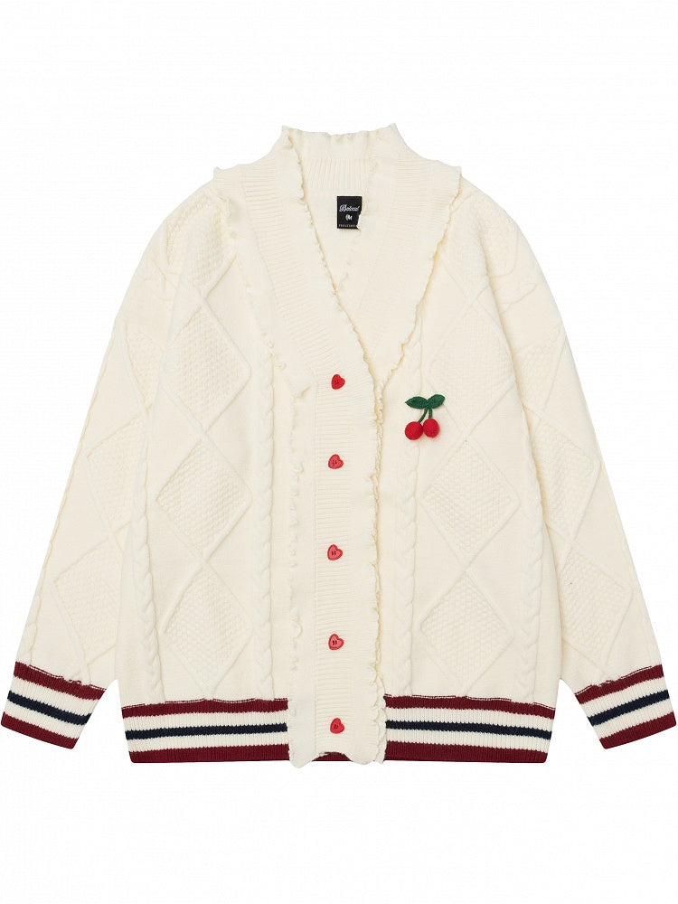 Cherry Adorned White V-neck Christmas Cardigan