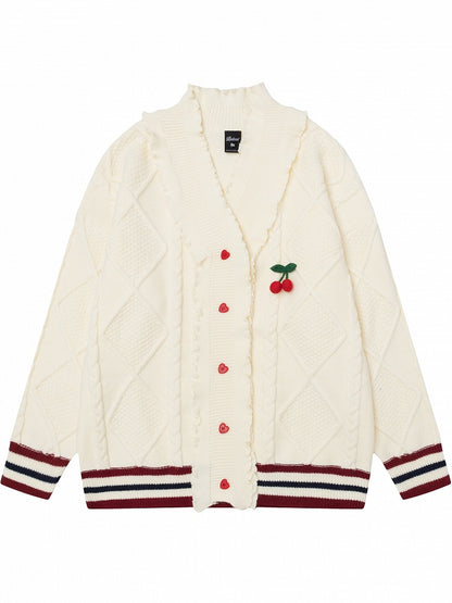 Cherry Adorned White V-neck Christmas Cardigan