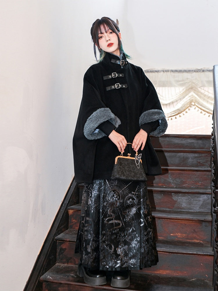 + PU Collar Cheongsam Cape Black Gothic with Coat Buckles Faux Cuffs Regular/Thicken Fur