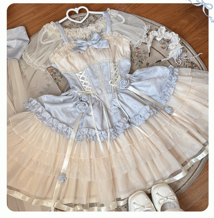 Beige Korsett Taille Big JSK Schnürung Sweet Lolita Balletcore Kleid Zug Schleife und mit Blau