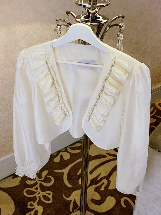 プラスサイズ アプリコット フリルトリム オープンプラケット ラインストーン装飾トップス