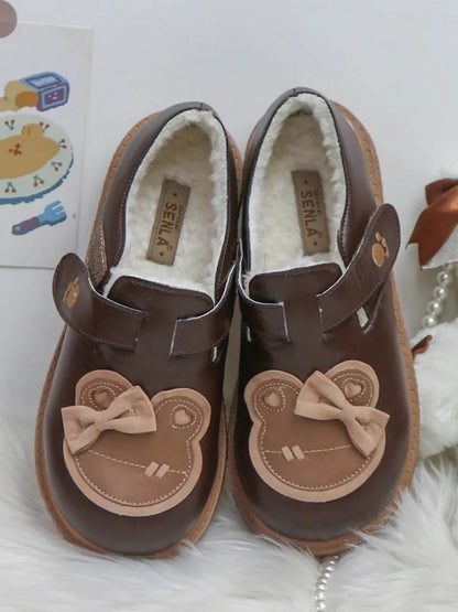 Closures Accent with Brown Top Shoes Bear Sweet Strap Thick at Flat Beige Bow Velcro Sole