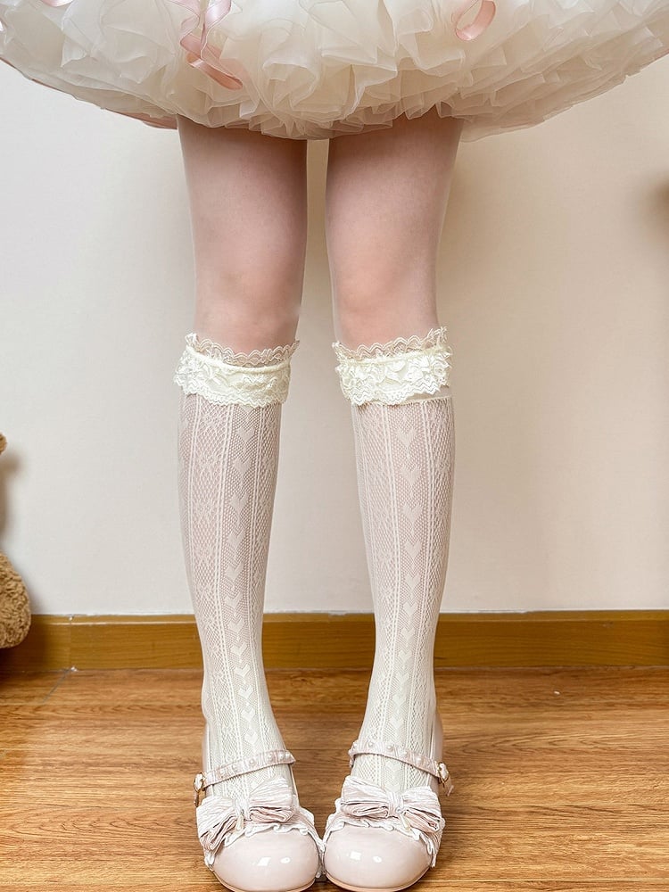 Milk Yellow Lolita Lace Trim Overknee Stockings with Heart Motif - Fat Bear Story