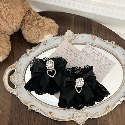 Schwarz-weiße Jirai Kei-Armmanschetten aus Spitze mit Schleife und Strass-Akzenten, Rosa/Weiß/