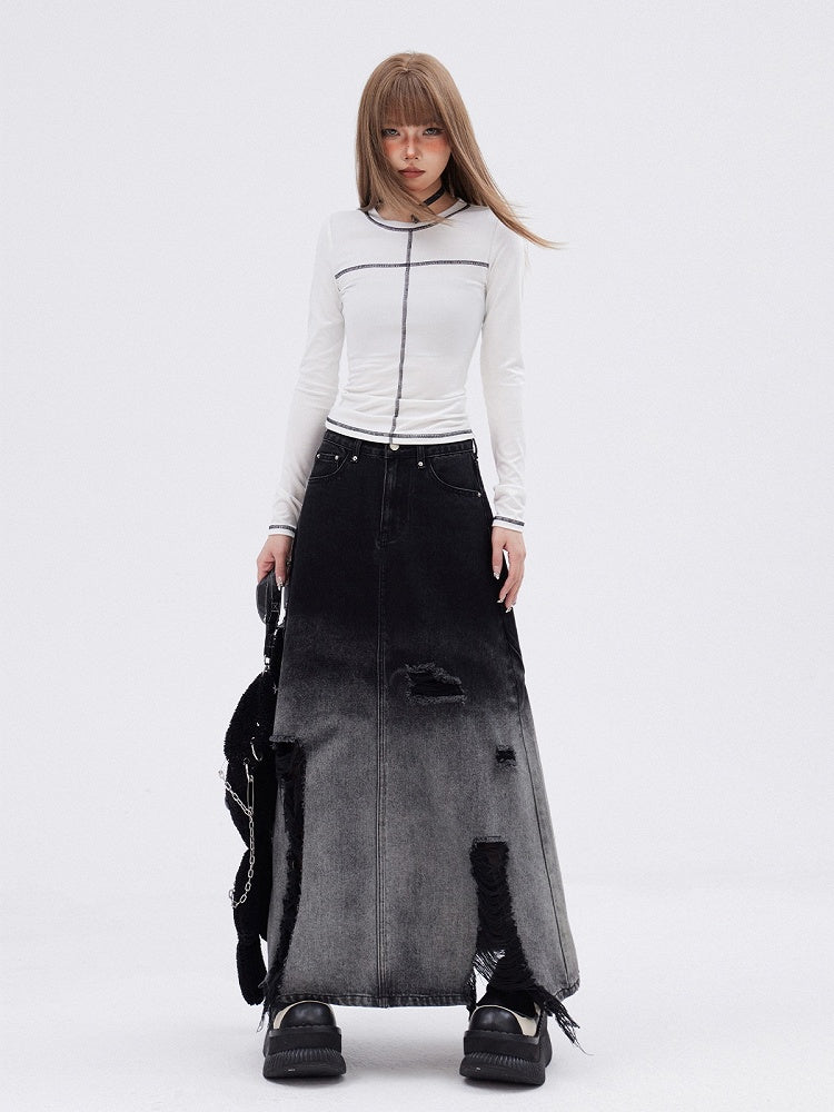 White/Black  Round Neck Long Sleeves T-shirt