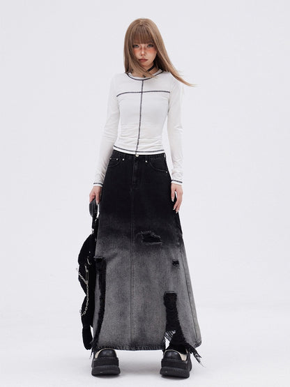 White/Black  Round Neck Long Sleeves T-shirt