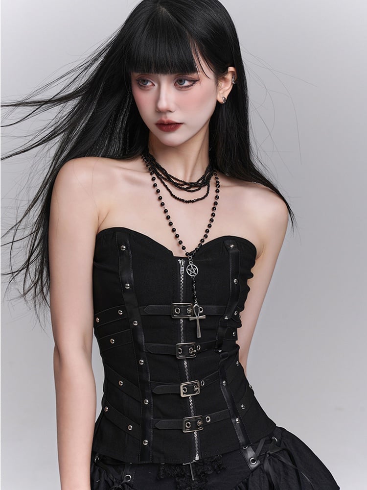 Zipper Placket Black Criss-Cross PU Front and Straps Buckles