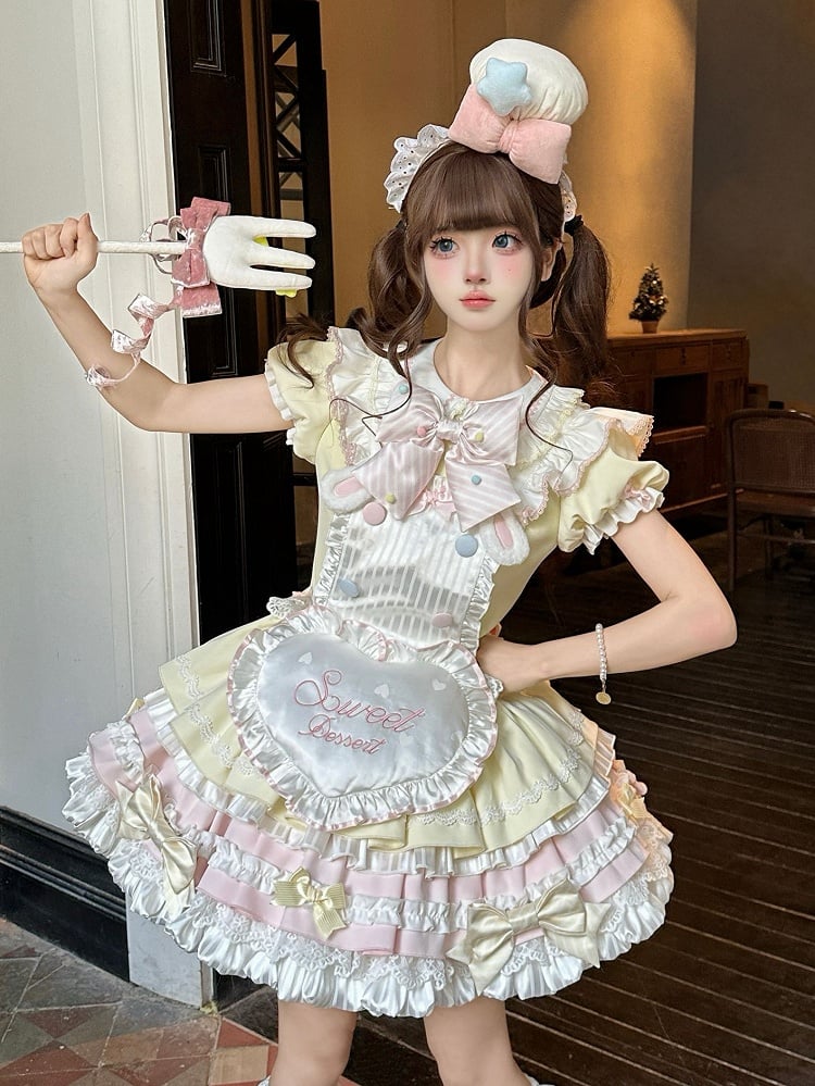 Ärmeln Gelb Lolita Kleid Süße Maid Thema Bunny Puff Rosa und