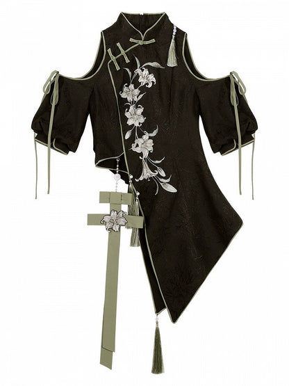 Black & Green Chinoiserie Cutout Top with Lily Embroidery - Han Ru Chu Hanfu & Han-Element Studi