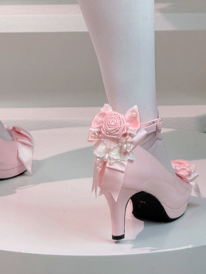 PU Closure Janes Heeled Top Elegant Heart Mary Lolita Bow Pink Lace - Trim Snap with