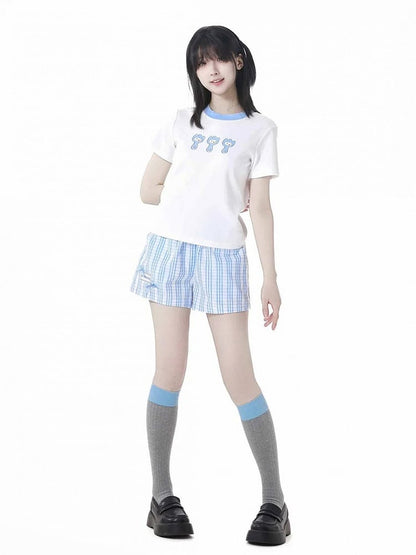 Round Neck Cute Cartoon Print T-Shirt Contrast Trim White Blue