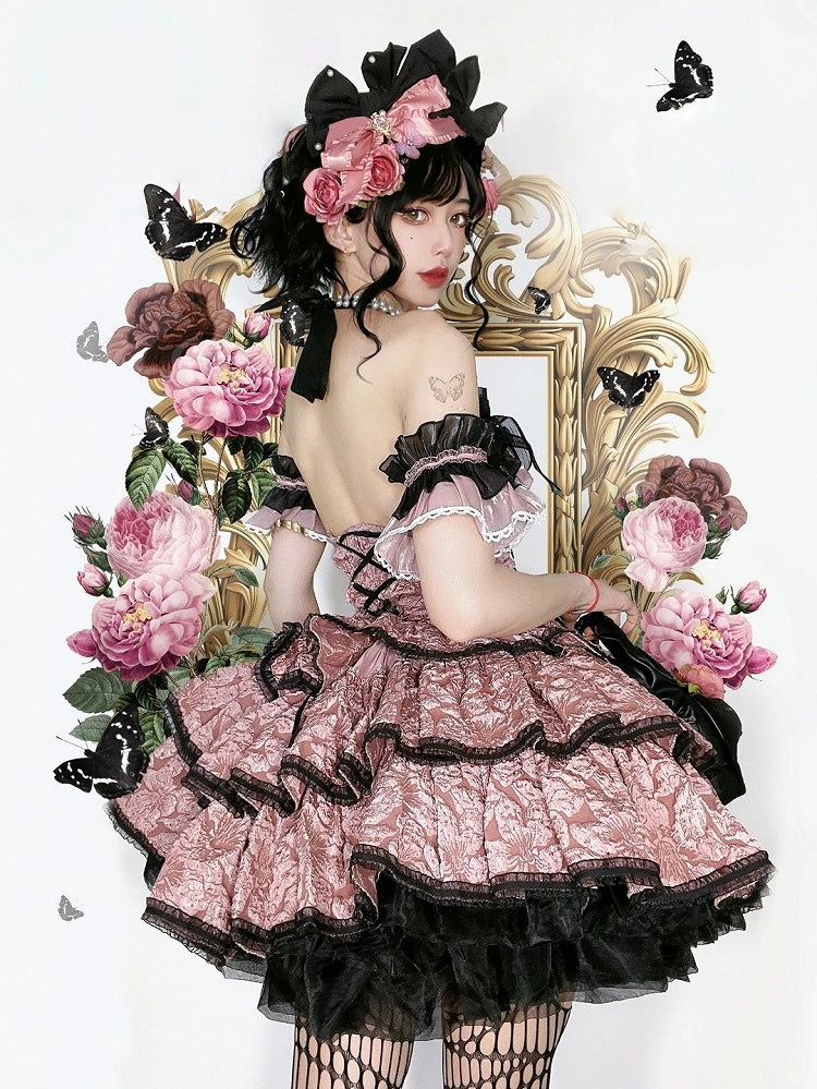 Lolita JSK with and Pink Texture Floral Dark Dress Black Skirt Multi-Layered