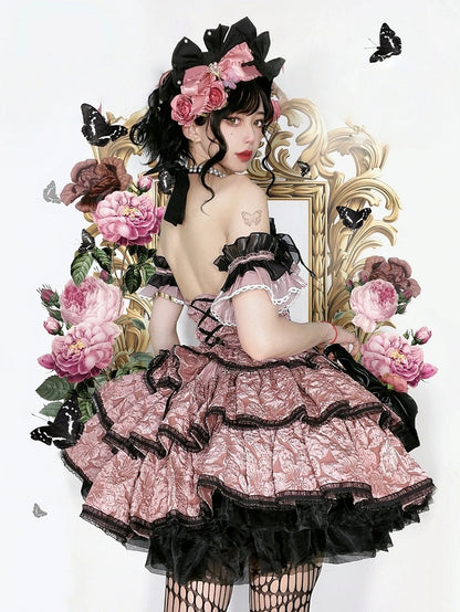 Lolita JSK with and Pink Texture Floral Dark Dress Black Skirt Multi-Layered
