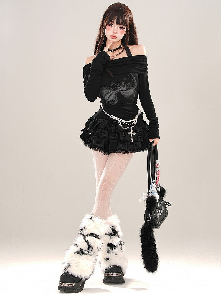 Black Bowknot Halter Neck Knit Top