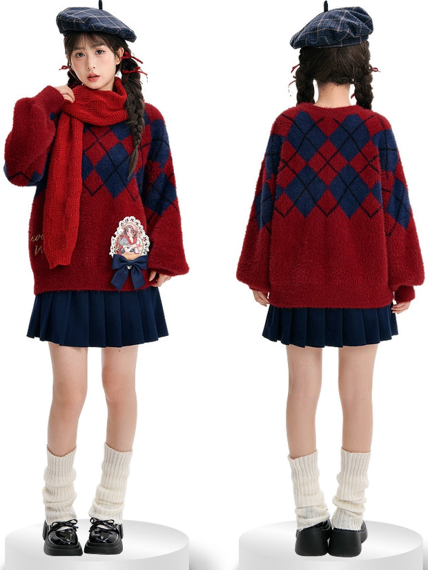 Pull ample en mohair à motif de losanges rouges Princesse Blanche-Neige