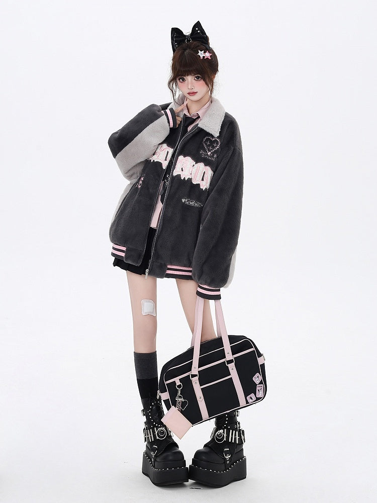 Jacket Baseball Fleece Gray with Letter Embroidery Heart