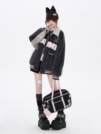 Jacket Baseball Fleece Gray with Letter Embroidery Heart