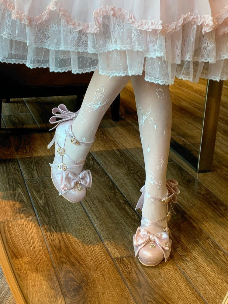 Pink Crown Buckle 8.5cm High Heels with Bowknot and Crystal Accents - Aimee