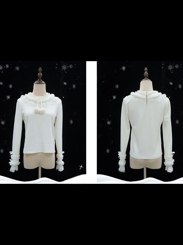 Winter Long-Sleeve Lolita Blouse with Pompom Trim in White - Lineall Cat