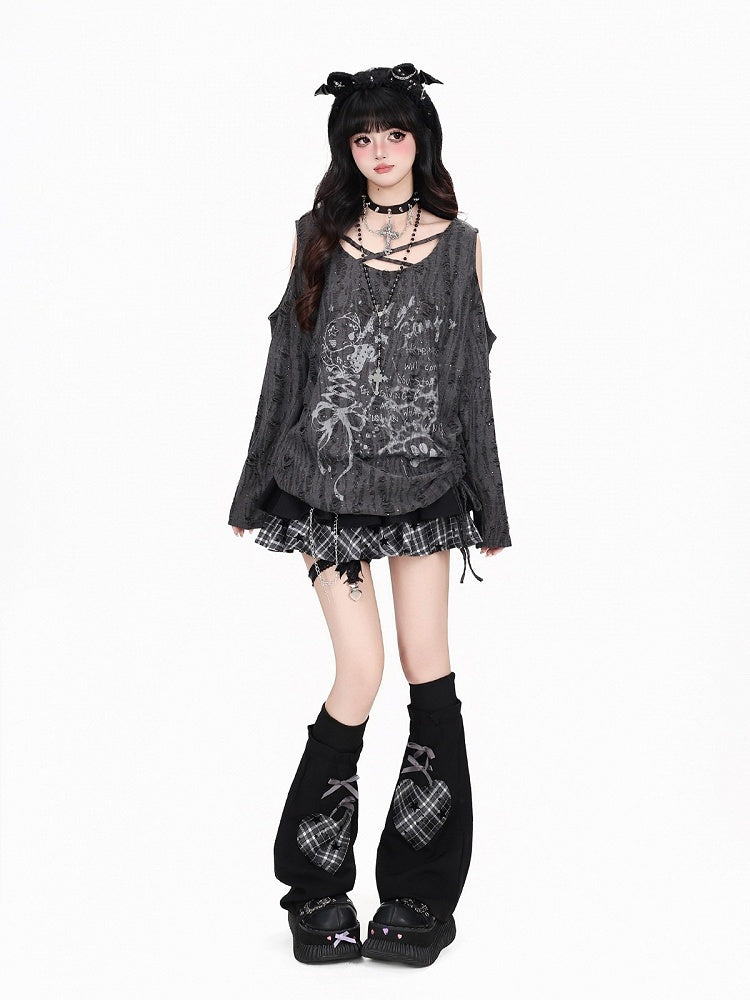 Gray Y2K Distressed Cutout Long Sleeve Top with Print and Drawstring - CRAZY GIRL