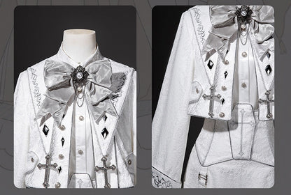 Silver & White Ouji Military Lolita Jacquard Cropped Coat + Cross Embroidery Asymmetric High Waist Shorts + Long Sleeves Shirt + Detachable Collar Set - Unknown Star