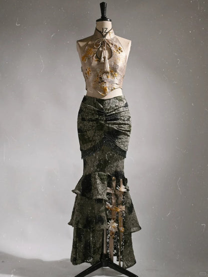 チャイナドレス ホルターネック シノワズリ クロップドトップ