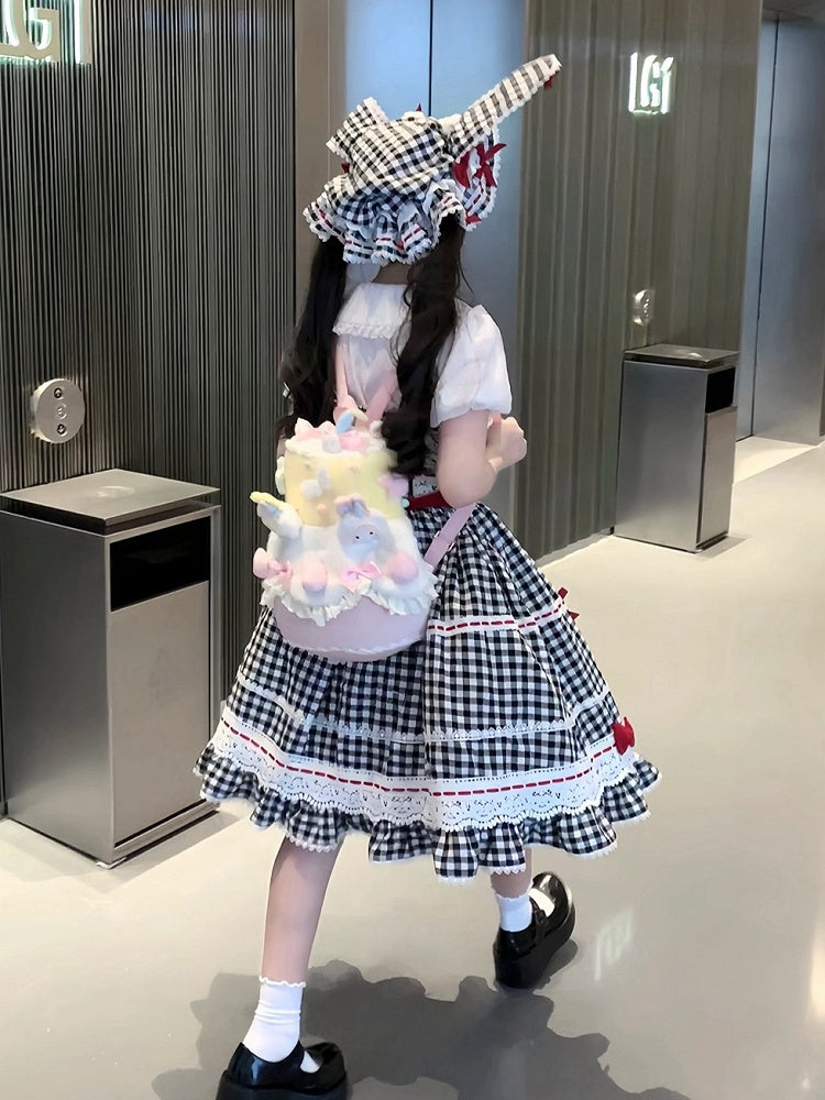 Altes Lolita-Kleid aus Baumwolle, weiß, schwarz, karierter Rock, Pullover und Schule