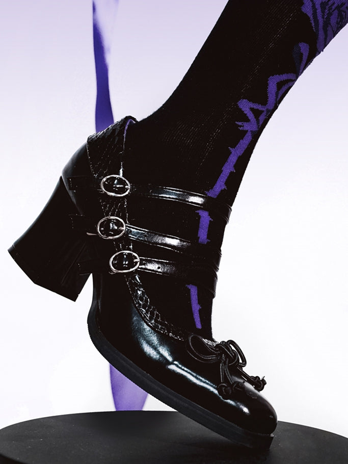 Quadratische Akzentzehe Gothic - 6,5 cm Absätze Schleife PU Schwarz Lolita Block Geknotet