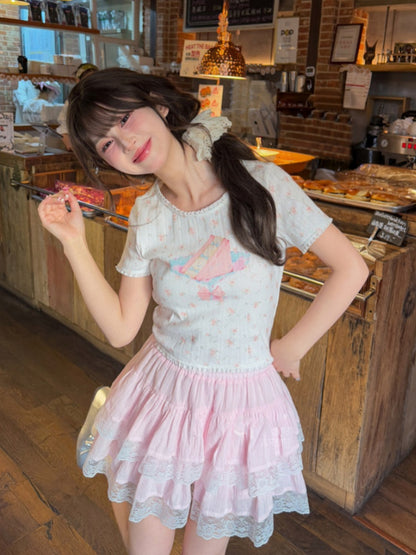 Sweet Pink Elastic Waist Lace Trim Tiered Skirt