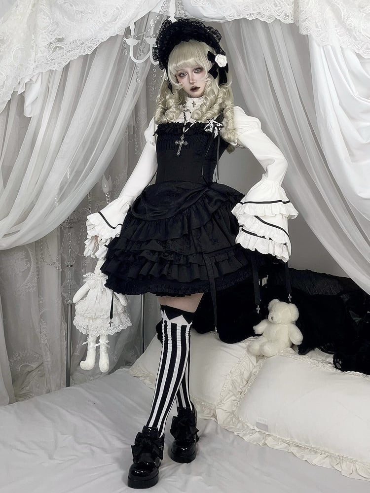 Lolita Tiered Black Ruffle with Waist Birdcage Skirt Dress Boned Gothic JSK