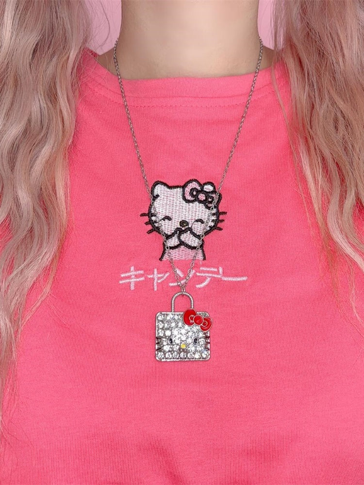 Halskette mit Kätzchen-Anhänger in Weiß/Strass